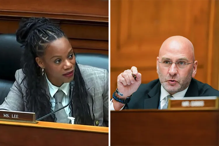 Side-by-side photos of Rep. Summer Lee and Rep. Clay Higgins speaking during a House subcommittee hearing