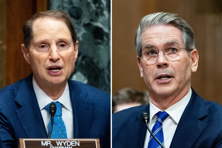 Side-by-side photos of Sen. Ron Wyden and Treasury Secretary Scott Bessent speaking at a congressional hearing