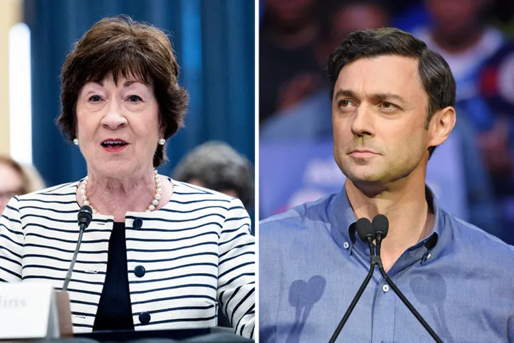 Side-by-side photos of Sen. Susan Collins speaking at a committee hearing and Sen. Jon Ossoff at a podium